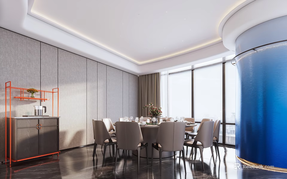 Modern Private Dining Room With Dining Table Chairs Large Windows And Ambient Lighting 3d model