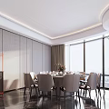 Modern Private Dining Room With Dining Table Chairs Large Windows And Ambient Lighting 3d model