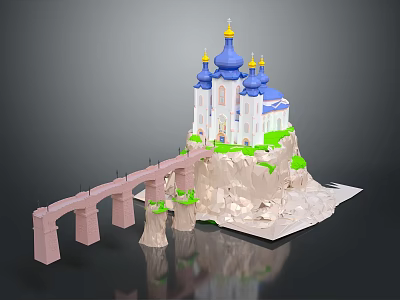 Cartoon Scene With Blue Domes Building Golden Spires Green Accents On Cliff And Pink Bridge 3d model