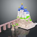 Cartoon Scene With Blue Domes Building Golden Spires Green Accents On Cliff And Pink Bridge