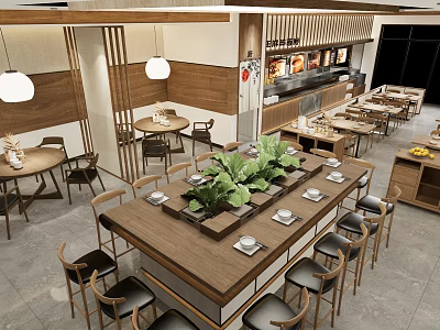 Modern Cozy Restaurant Interior With Wooden Dining Tables Green Plants And Pendant Lights 3d model