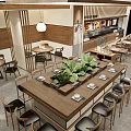 Modern Cozy Restaurant Interior With Wooden Dining Tables Green Plants And Pendant Lights