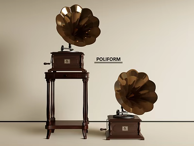 Vintage Phonograph Audio Devices With Horn Speakers And Wooden Stand For Home Decor By POLIFORM 3d model