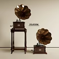 Vintage Phonograph Audio Devices With Horn Speakers And Wooden Stand For Home Decor By POLIFORM