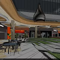 Modern Commercial Street With Glass Facade Outdoor Seating Green Plants And Decorative Pendant Light