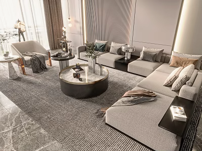Modern Elegant Sofa and Coffee Table Set With Plush Pillows Area Rug and Decorative Accents 3d model