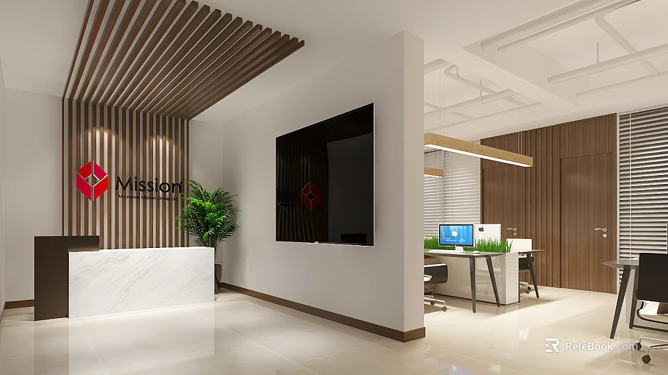 Modern Office Reception Area With White Desk Wooden Slat Paneling Flat Screen TV And Workstation 3d model 