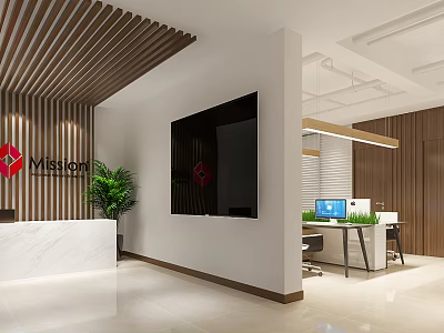 Modern Office Reception Area With White Desk Wooden Slat Paneling Flat Screen TV And Workstation 3d model