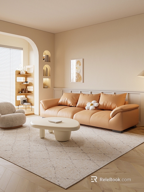 Beige Sofa and White Round Coffee Table Set with Orange Cushions in Warm Living Room 3d model 