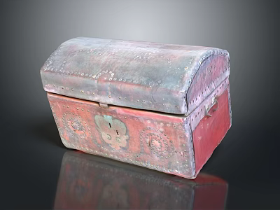 Vintage Decorative Storage Trunk With Red Body And Metal Embossed Lid 3d model