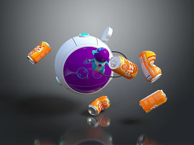 Cartoon Scene With Playful Robot In Purple White Device And Floating Orange Drink Cans 3d model