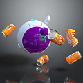 Cartoon Scene With Playful Robot In Purple White Device And Floating Orange Drink Cans