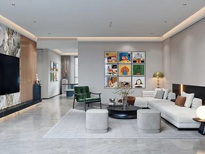 Modern Living Room Interior Design With White Sofa Green Armchair TV Wall And Artwork 3d model
