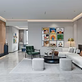 Modern Living Room Interior Design With White Sofa Green Armchair TV Wall And Artwork