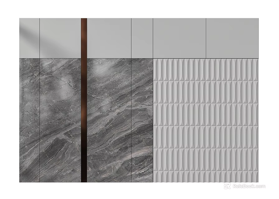 Modern Sofa Background Wall Design With Grey Marble Panels White Textured Tiles And Metal Strip 3d model 