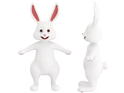 White Rabbit Toy With Long Ears Smiling Face Open Arms Tail Front Back Views 3d model