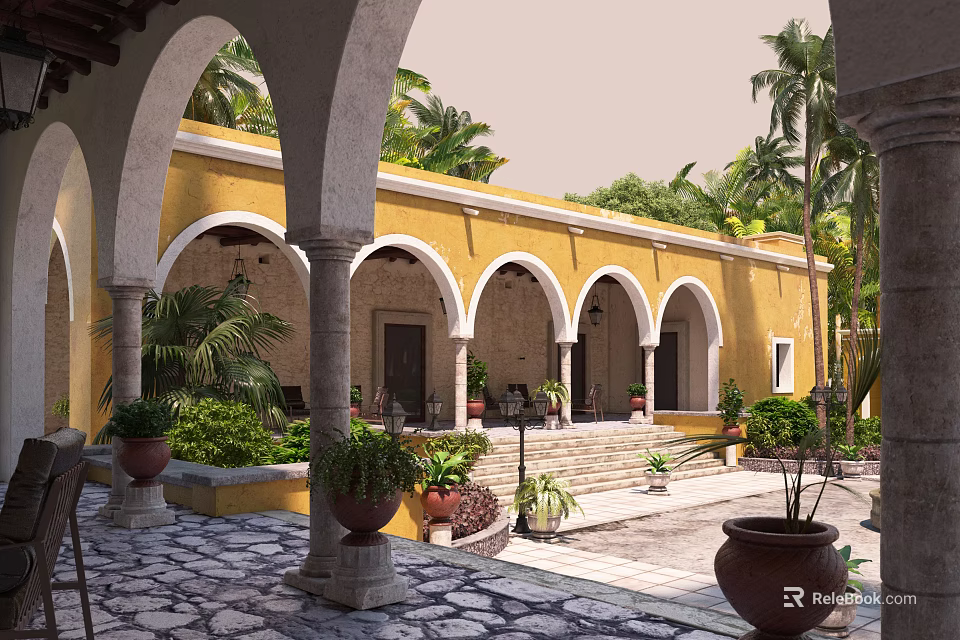 Ancient Architecture With Yellow Walls Arched Columns Courtyard Palm Trees Potted Plants On Stone-Paved Ground 3d model 