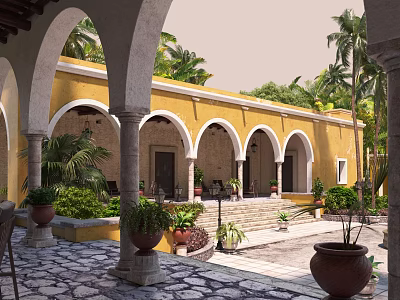 Ancient Architecture With Yellow Walls Arched Columns Courtyard Palm Trees Potted Plants On Stone-Paved Ground 3d model