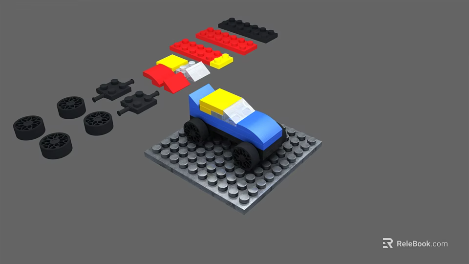 Building Blocks Play Set Featuring Blue Yellow Car And Scattered Colored Pieces 3d model 