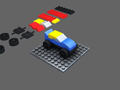 Building Blocks Play Set Featuring Blue Yellow Car And Scattered Colored Pieces 3d model