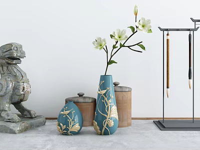 Elegant Decorative Ornament Set With Stone Lion Statue Blue Vase White Flowers And Metal Stand 3d model