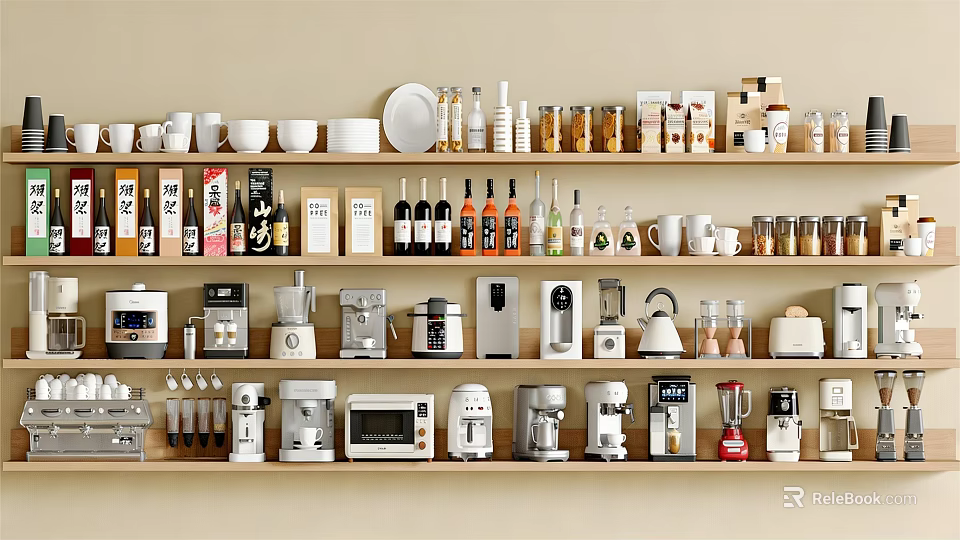 Organized Kitchen Shelves Displaying Various Modern Kitchen Appliances And Storage Items 3d model 