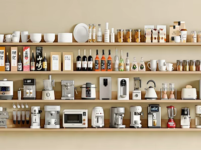 Organized Kitchen Shelves Displaying Various Modern Kitchen Appliances And Storage Items 3d model