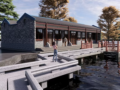 Traditional Chinese Ancient Architecture with Wooden Windows Stone Walls and Waterside Path 3d model