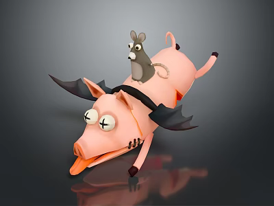 Gray Mouse Riding Pink Winged Pig With Large Eyes Open Mouth And Tongue Out 3d model