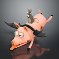 Gray Mouse Riding Pink Winged Pig With Large Eyes Open Mouth And Tongue Out