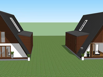 A frame Guesthouse Building With Black Roof Brown White Walls On Green Lawn 3d model