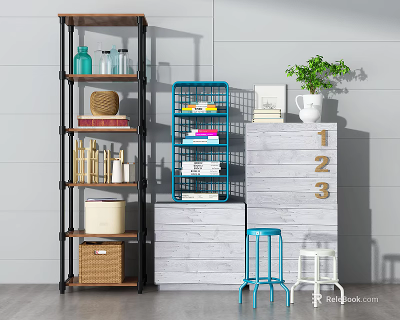 Modern Entryway Cabinet And Side Cabinet With Wooden Storage Baskets Books And Potted Plant 3d model 