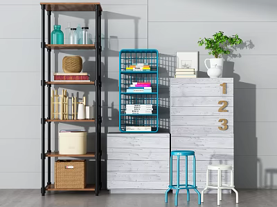 Modern Entryway Cabinet And Side Cabinet With Wooden Storage Baskets Books And Potted Plant 3d model