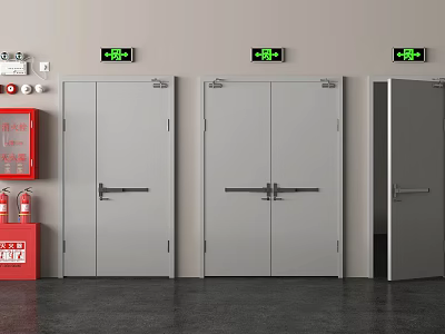 Gray Emergency Exit Doors With Fire Safety Equipment And Green Signs 3d model