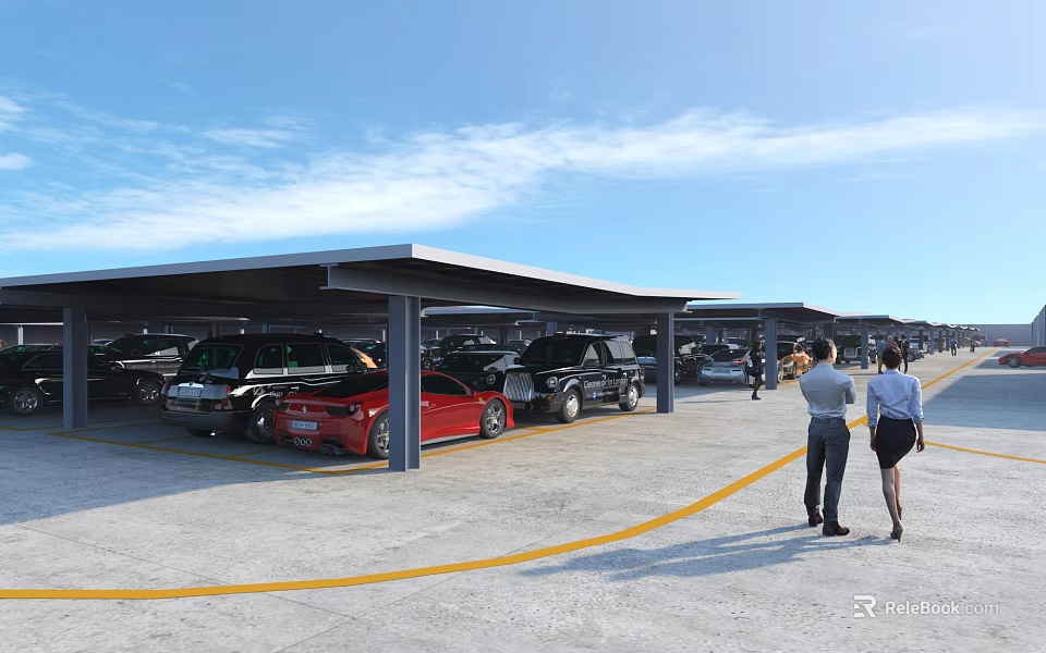 Covered Parking Lot with Parked Cars Yellow Lines and People Walking Under Blue Sky 3d model 