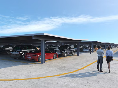 Covered Parking Lot with Parked Cars Yellow Lines and People Walking Under Blue Sky 3d model