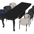 Modern Gray Dining Table Set With Carved Legs And Blue Gray White Chairs