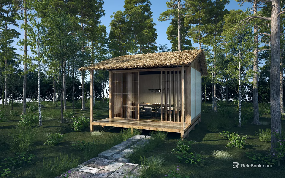 Rustic Thatched Cottage Surrounded by Trees With Wooden Deck Stone Path and Sliding Screens 3d model 