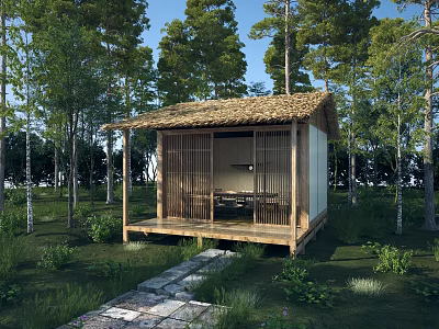 Rustic Thatched Cottage Surrounded by Trees With Wooden Deck Stone Path and Sliding Screens 3d model
