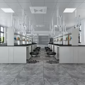 Modern Laboratory Interior Design With Spacious Lab Benches Hanging Lights And Cabinets 3d model