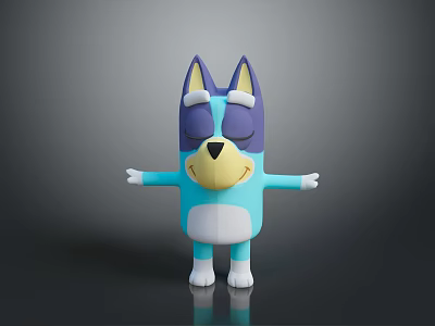 Cute Blue Purple Cartoon Dog Figure With Yellow Face Closed Eyes And Open Arms 3d model
