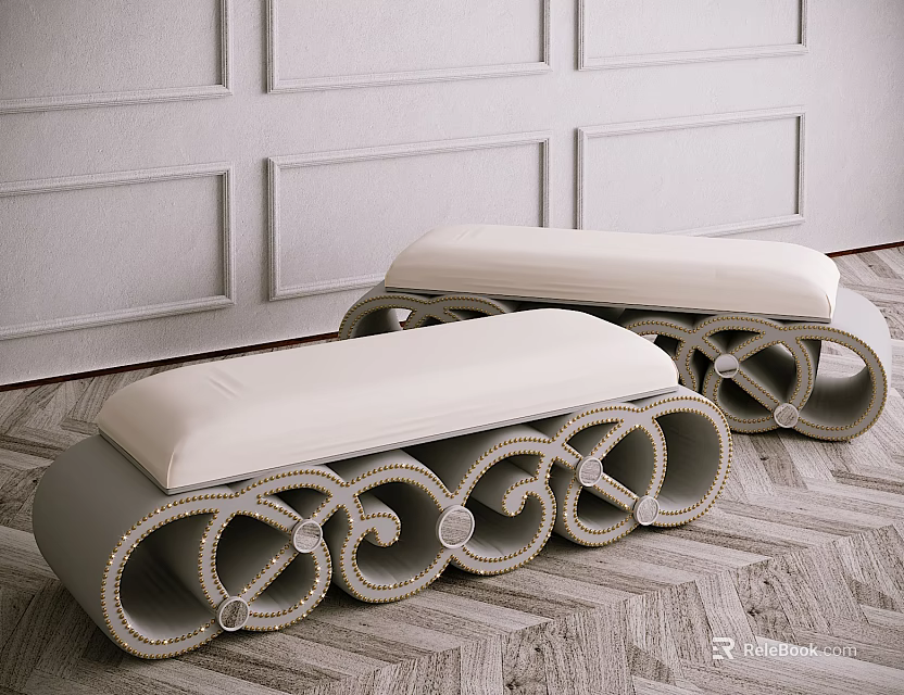 Elegant Light Upholstered Sofa Bench With Wooden Scroll Legs In Modern Interior Space 3d model 