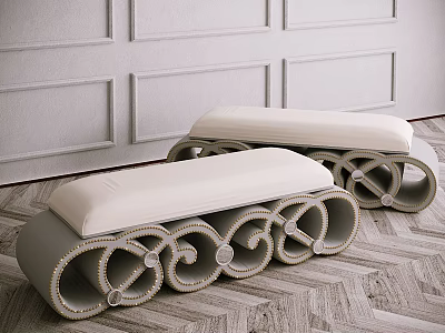Elegant Light Upholstered Sofa Bench With Wooden Scroll Legs In Modern Interior Space 3d model