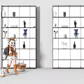 Metal Frame Shelving Unit with Multiple Compartments Displaying Decorative Items Small Luggage and Cartoon Character