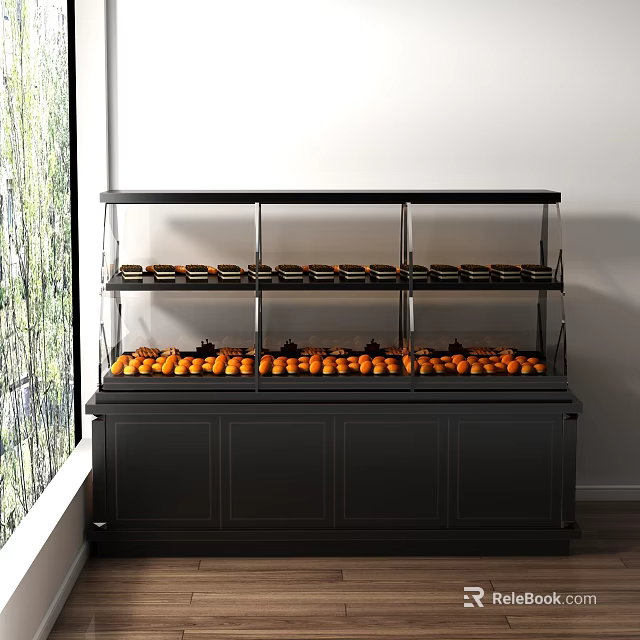 Dessert Shop Modern Interior With Black Display Cabinet Multiple Shelves And Orange Fruits 3d model 