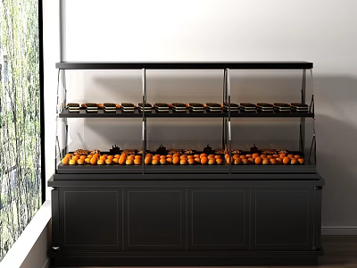 Dessert Shop Modern Interior With Black Display Cabinet Multiple Shelves And Orange Fruits 3d model