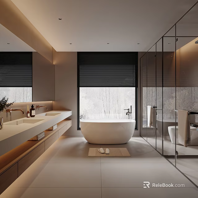 Modern Bathroom Interior Design With Double Vanity Freestanding Bathtub Glass Shower And Black Blinds 3d model 