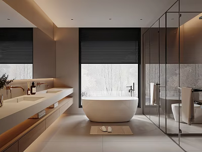 Modern Bathroom Interior Design With Double Vanity Freestanding Bathtub Glass Shower And Black Blinds 3d model