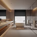 Modern Bathroom Interior Design With Double Vanity Freestanding Bathtub Glass Shower And Black Blinds