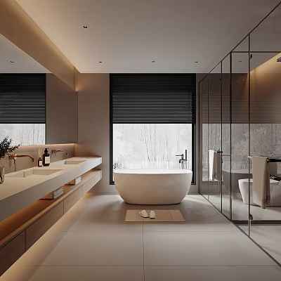 Modern Bathroom Interior Design With Double Vanity Freestanding Bathtub Glass Shower And Black Blinds 3d model